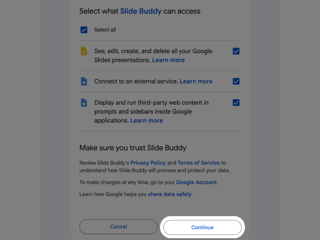 Agree to let Slide Buddy read and translate your slides