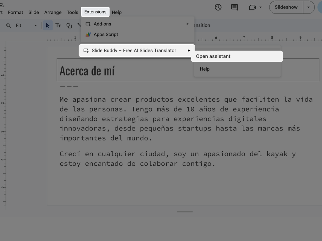 Open Slide Buddy from Extensions menu