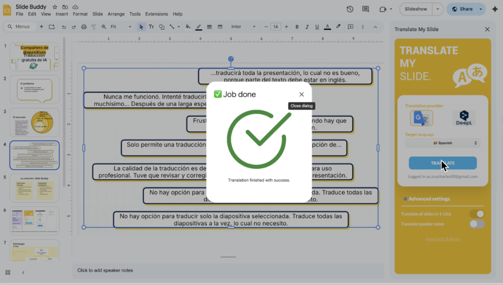 Single Slide Translation Performance Comparison